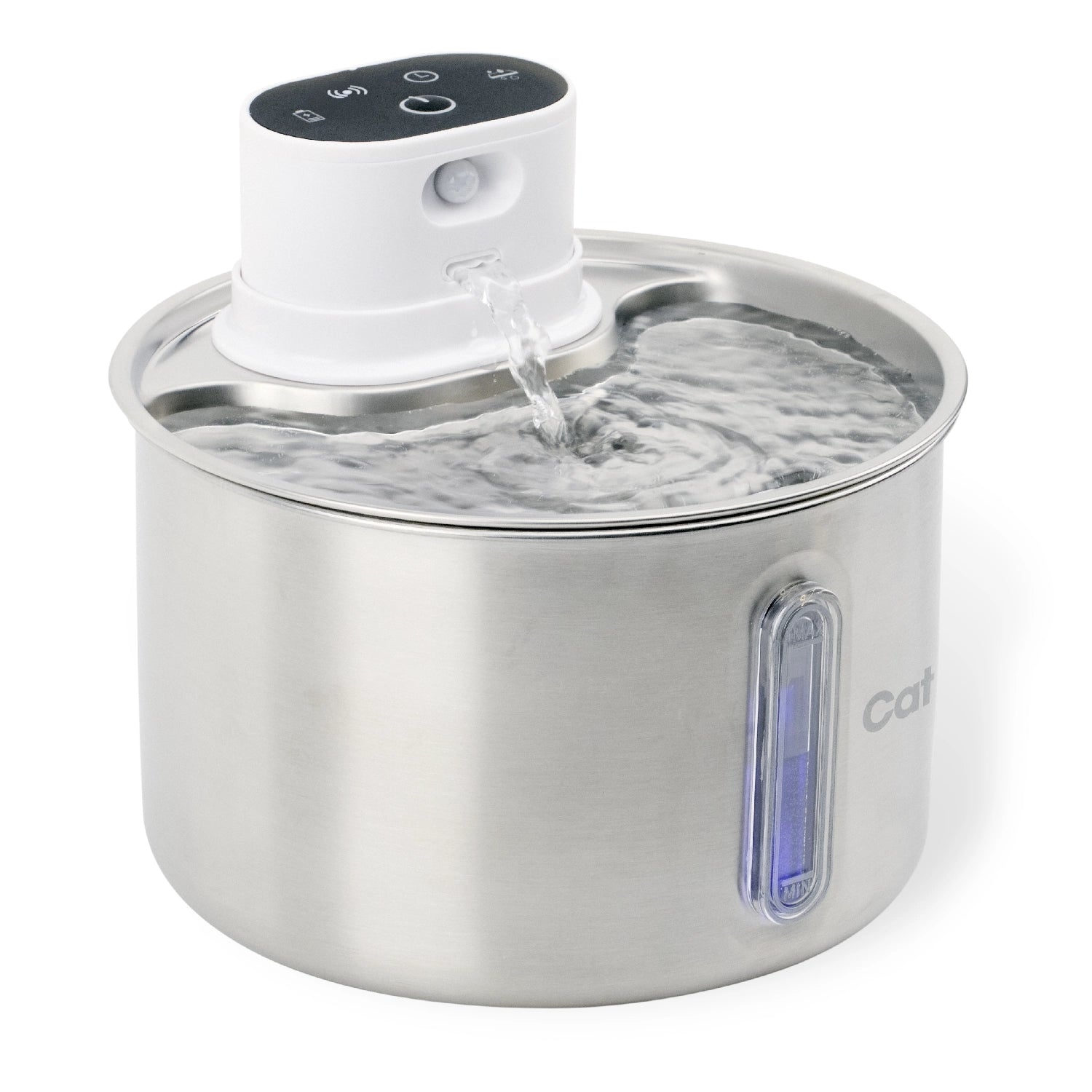 A close up side on view of the Cat Mate stainless steel drinking fountain with water flowing from the top of the spout into the drinking tier, on a white background