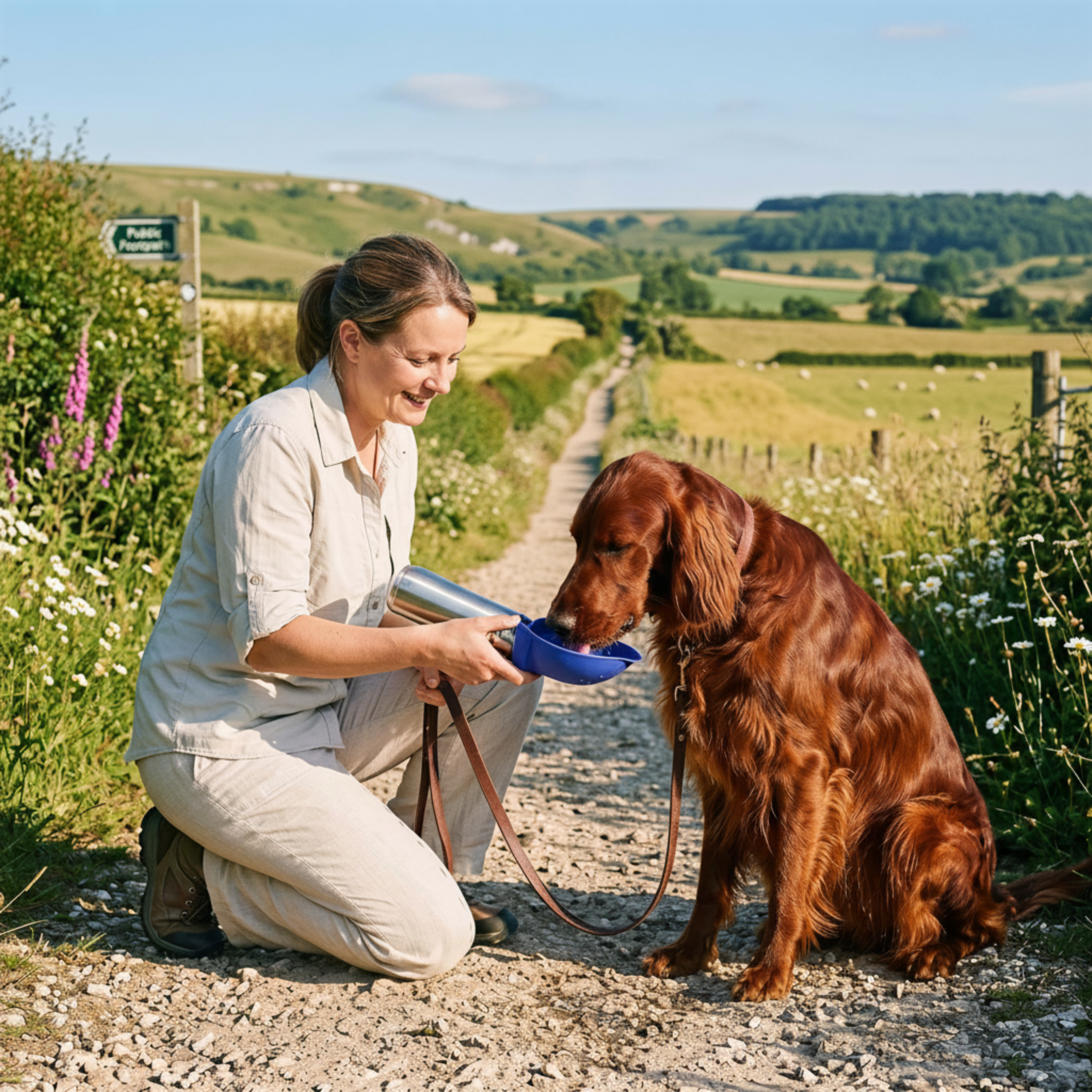 a woman in the countryside on a path, giving her irish setter dog a drink from a dog mate travel flask