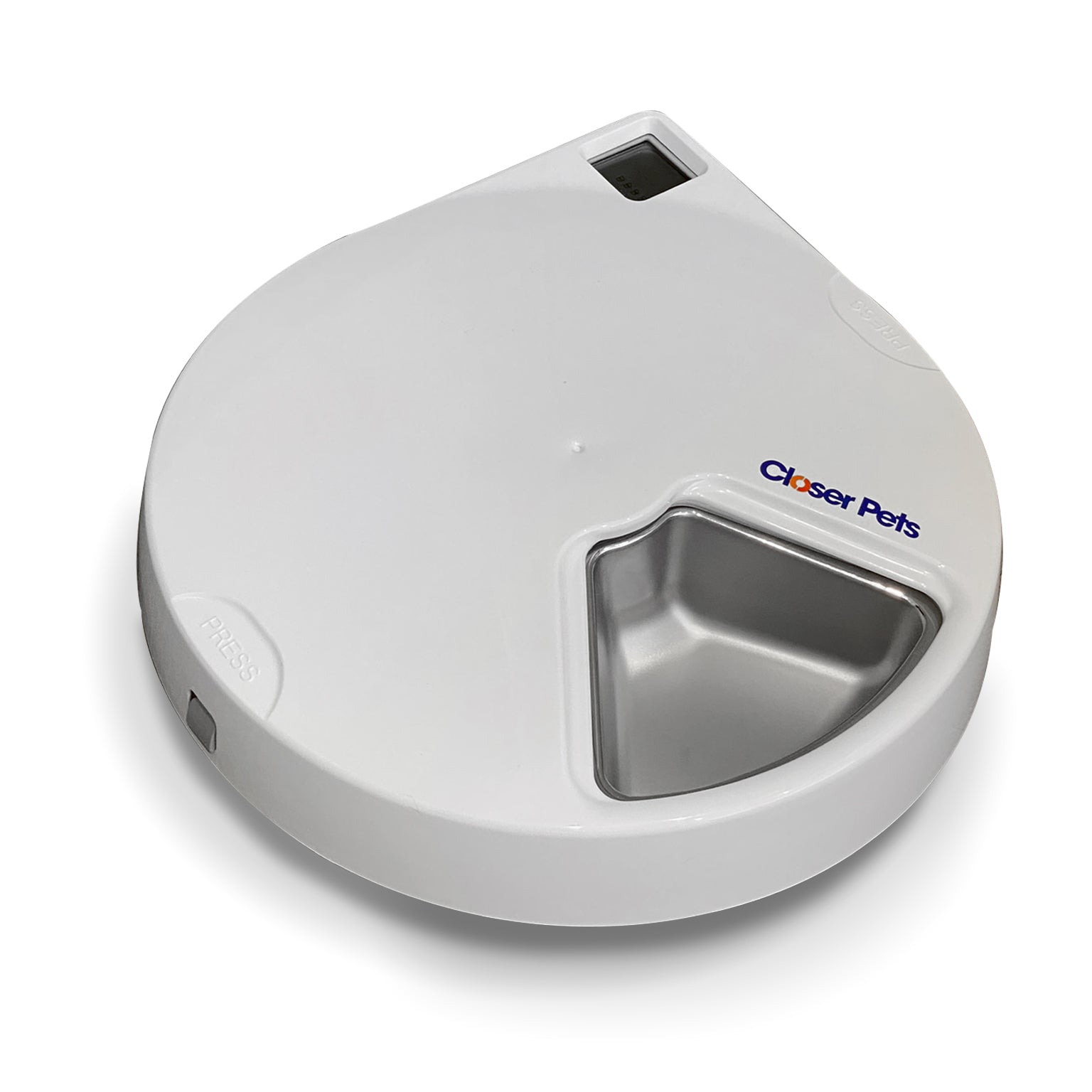 A white and grey five meal pet feeder with stainless steel bowls on a white background