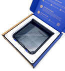 Product packaging containing the white pet flap and the installation instructions on a white background