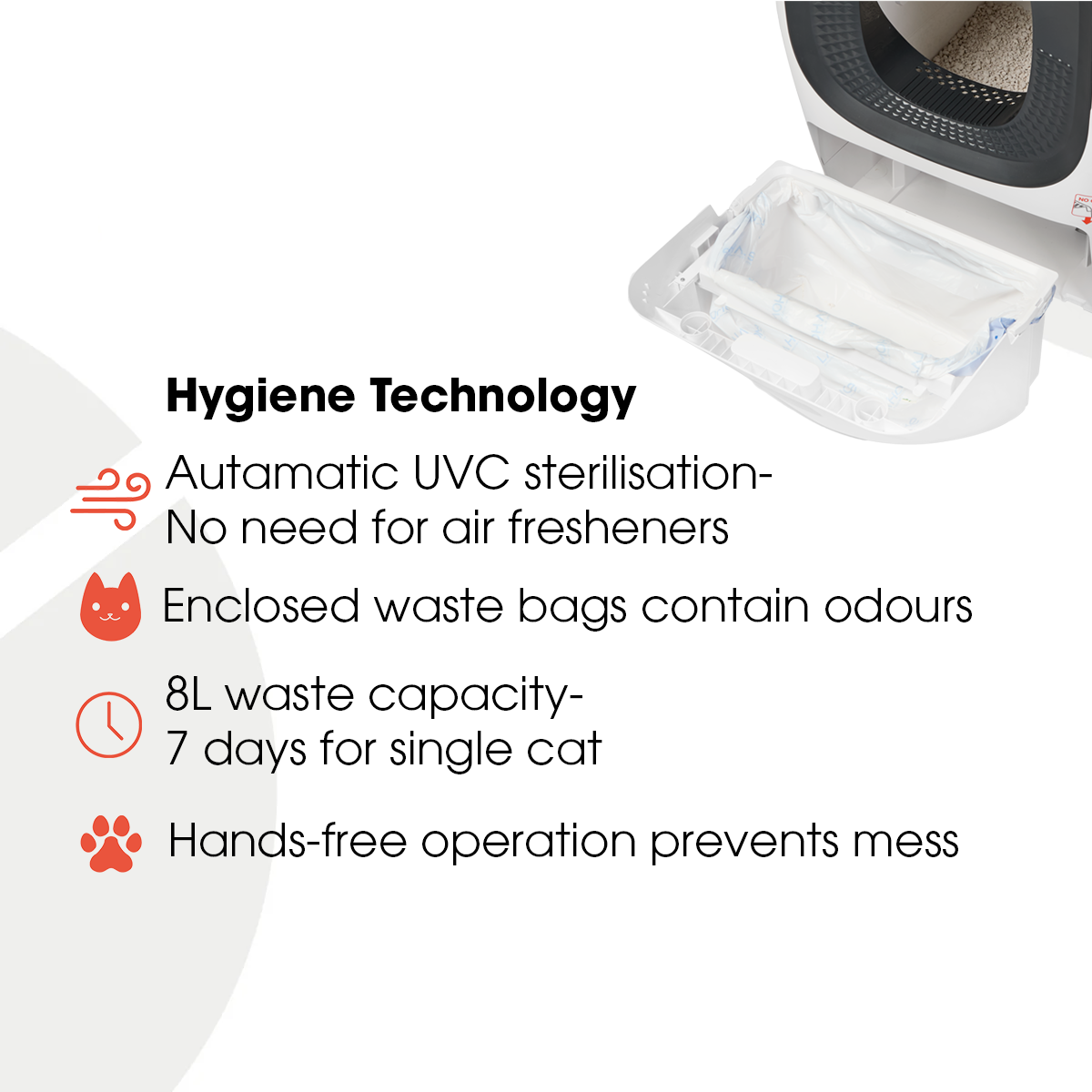 Cat Mate hygiene technology infographic showing open waste drawer with liner, highlighting automatic UVC sterilization with no air fresheners needed, enclosed waste bags for odour containment, 8L capacity lasting 7 days for single cat, and hands-free operation to prevent mess