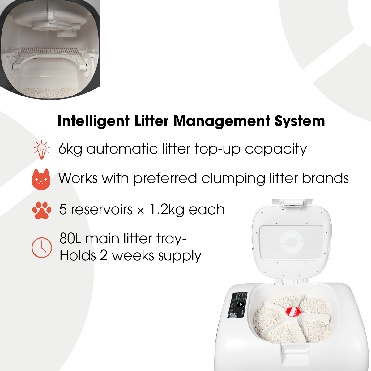 Cat Mate intelligent litter management system infographic showing top reservoir view and open unit with five circular litter compartments, highlighting 6kg automatic top-up capacity, compatibility with preferred clumping litter brands, five 1.2kg reservoirs, and 80L main tray holding 2 weeks supply