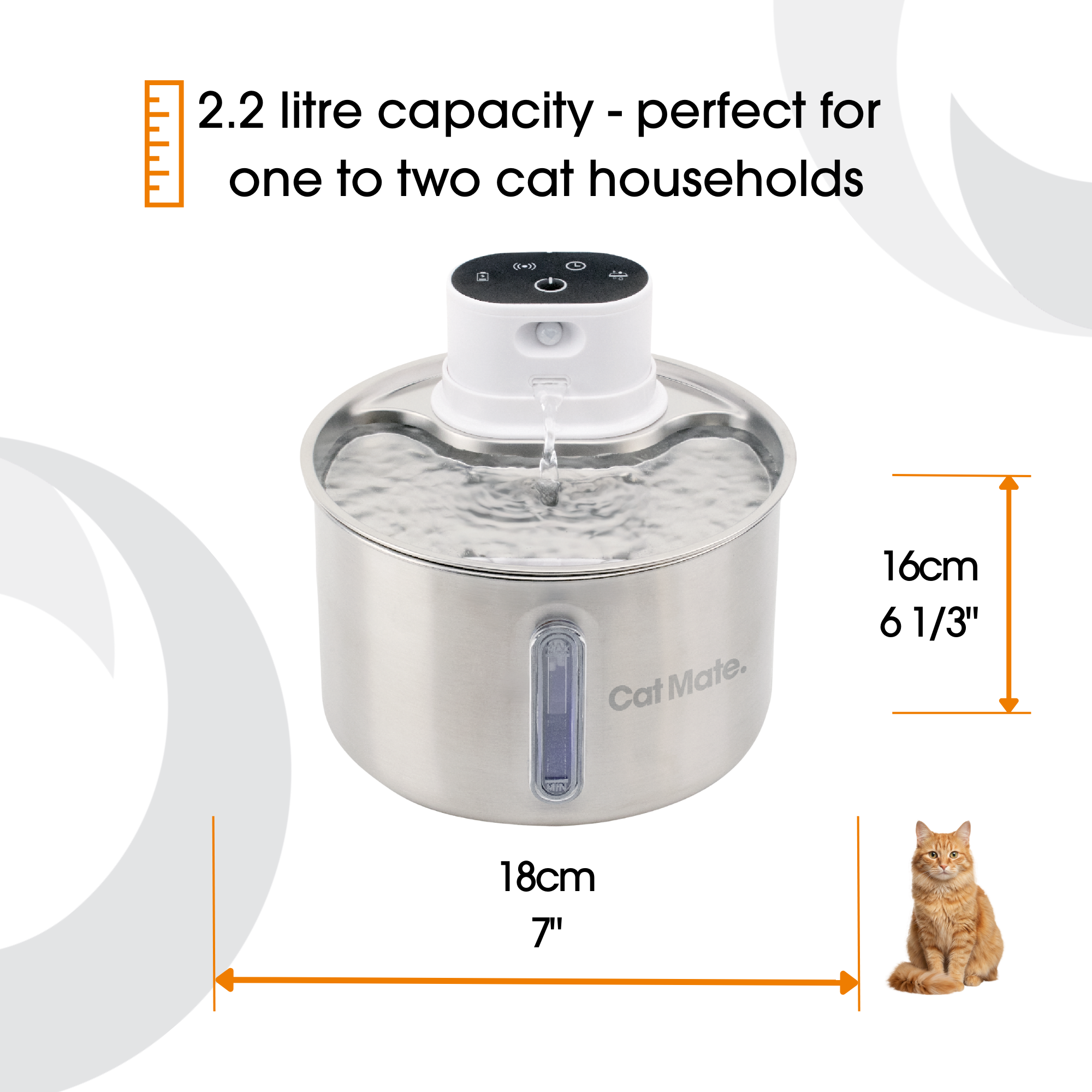 Cat Mate pet water fountain with capacity details of 2.2L and dimensions of 16cm high and 18cm long on a white background with black text and orange graphics