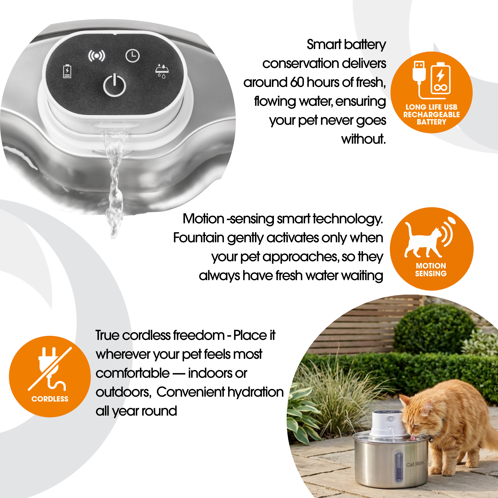 Product infographic for the Cat Mate cordless, motion-sensing pet water fountain with a 2.2L capacity. Top: close-up of control panel with battery, motion, timer, and power icons; water flowing from spout. Text highlights USB rechargeable battery (~60 hrs), motion-sensing activation, and cordless design. Bottom right: photo of an orange cat drinking from the fountain outdoors on a patio.