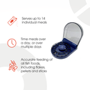 An infographic on a white background with black text and orange icons showing the benefits of using the fish feeder such as 'serves up to 14 undividual meals', 'time meals over a day or over multiple days' and 'accurate feeding of all fish foods including flakes, pellets and sticks'.