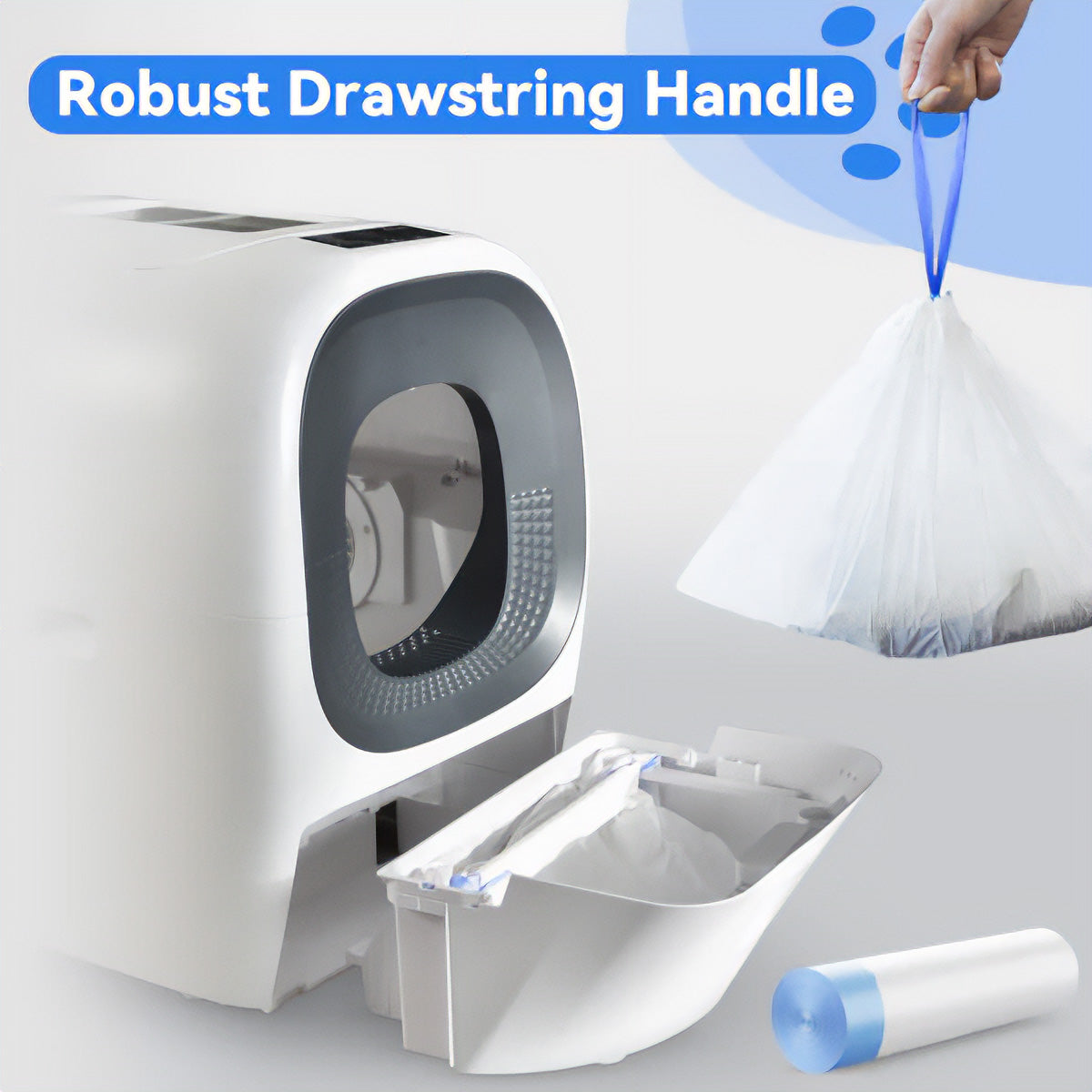 Product feature image showing a white Closer Pets Smart Toilet with its front drawer pulled open. A hand holds blue drawstring waste bag ties above a full white waste bag being removed from the drawer. The heading 'Robust Drawstring Handle' appears in white text on a blue rounded banner. The image demonstrates the easy bag removal system, with spare blue-capped waste bag rolls visible in the foreground. The toilet's transparent viewing window and internal components are visible through the open lid.