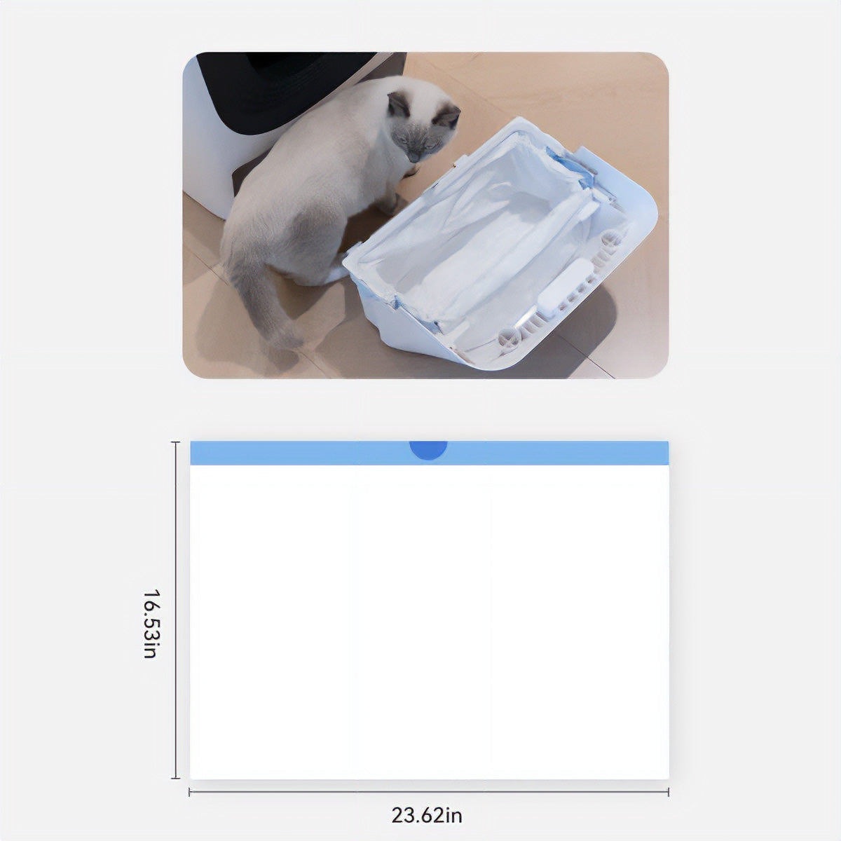 Top-down view of a grey and white cat standing between two separated components of the Closer Pets Smart Toilet. The white toilet unit with black lid is on the left, while the removable drawer system with blue drawstring waste bag is on the right, both placed on a beige floor. Below is a dimension diagram showing the toilet measures 23.62 inches wide by 16.53 inches deep, with a light blue header indicating the drawstring closure area.
