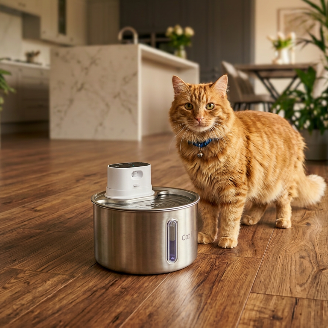 A longhaired cat with a blue collar stands behind the Cat Mate 2.2L stainless steel pet drinking fountain on a dark wood grain floor in a modern kitchen with light coloured cabinets and worktops in the background