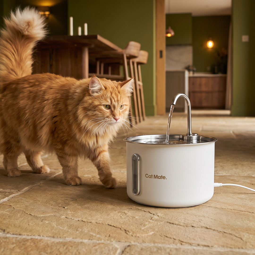 An orange long-haired cat stands beside a white Cat Mate corded pet water fountain with a metal spout which has a 2.2L capacity in a modern home interior.