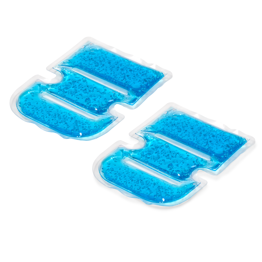A side angled view of the two pack reusable gel ice packs for the Cat Mate one-bowl feeder on a white background
