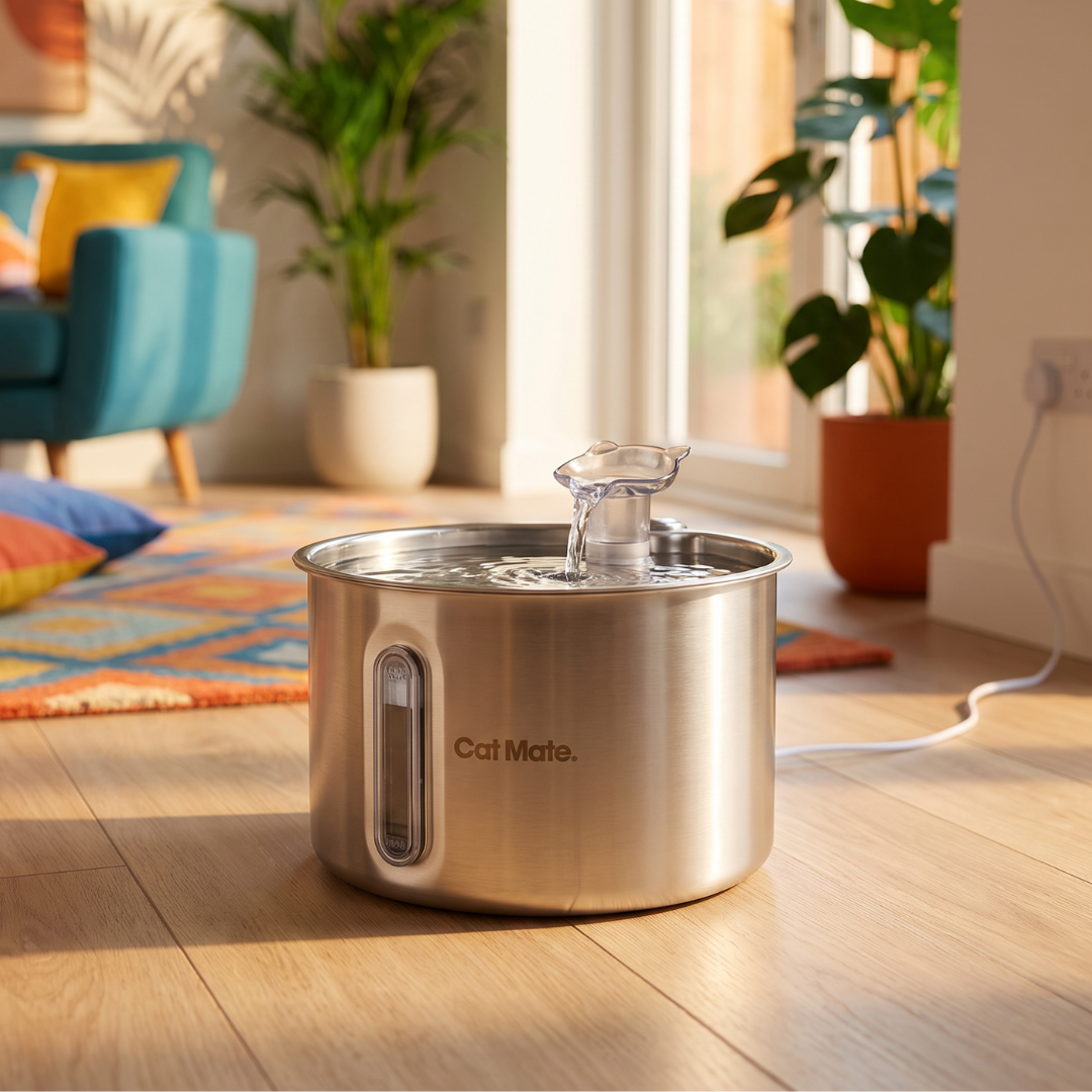 Stainless steel Cat Mate corded pet water fountain with a cat-head-shaped spout dispensing water, on a wooden floor in a bright, plant-filled living room with a teal armchair and colourful patterned rug.