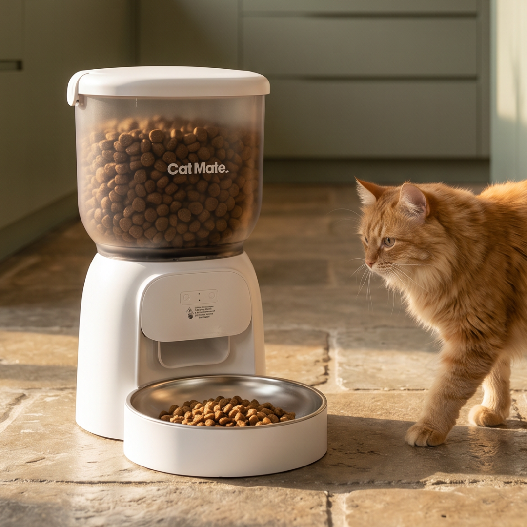 A white automatic pet feeder labelled "Cat Mate" stands on a stone tile floor, its clear hopper filled with brown kibble. A stainless steel bowl containing kibble sits at the front of the feeder, while an orange long-haired cat approaches from the right, looking down at the food.