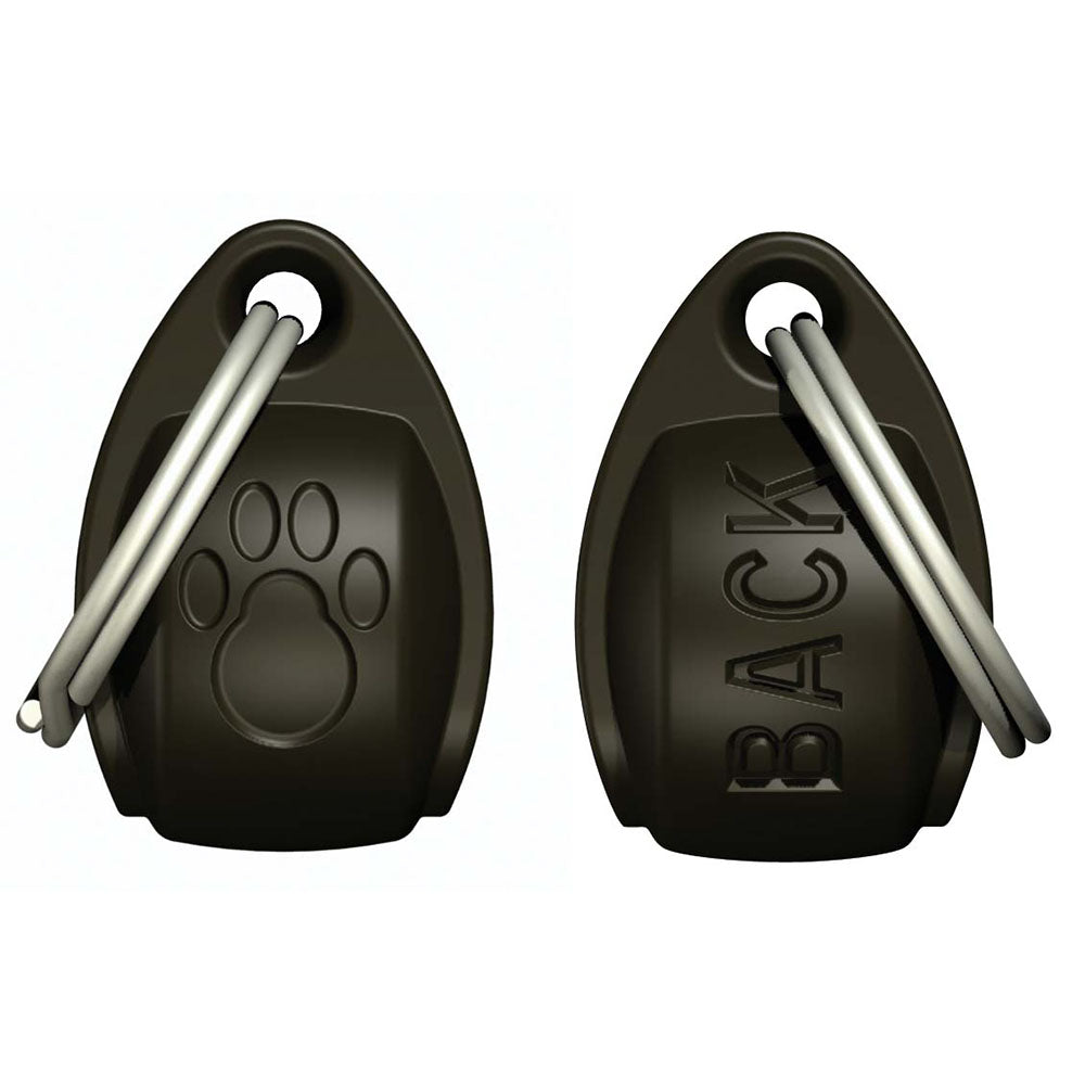 Two black cat collar magnets with silver O-rings and a paw print design on the front and 'BACK' written on the back, on a white background