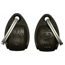 Two black cat collar magnets with silver O-rings and a paw print design on the front and 'BACK' written on the back, on a white background