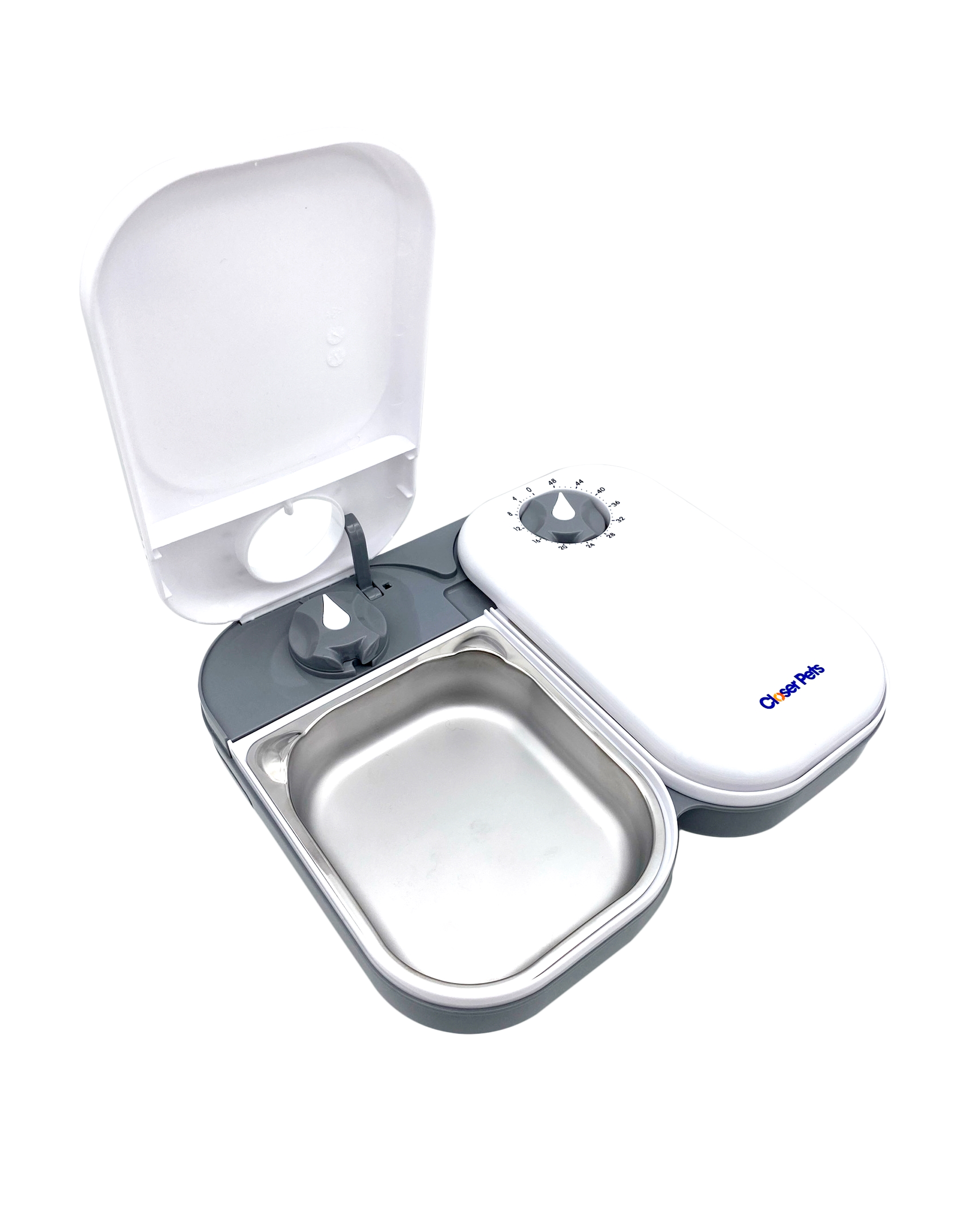 Automatic pet feeder with two compartments and stainless steel bowls with quartz timers, in white and grey