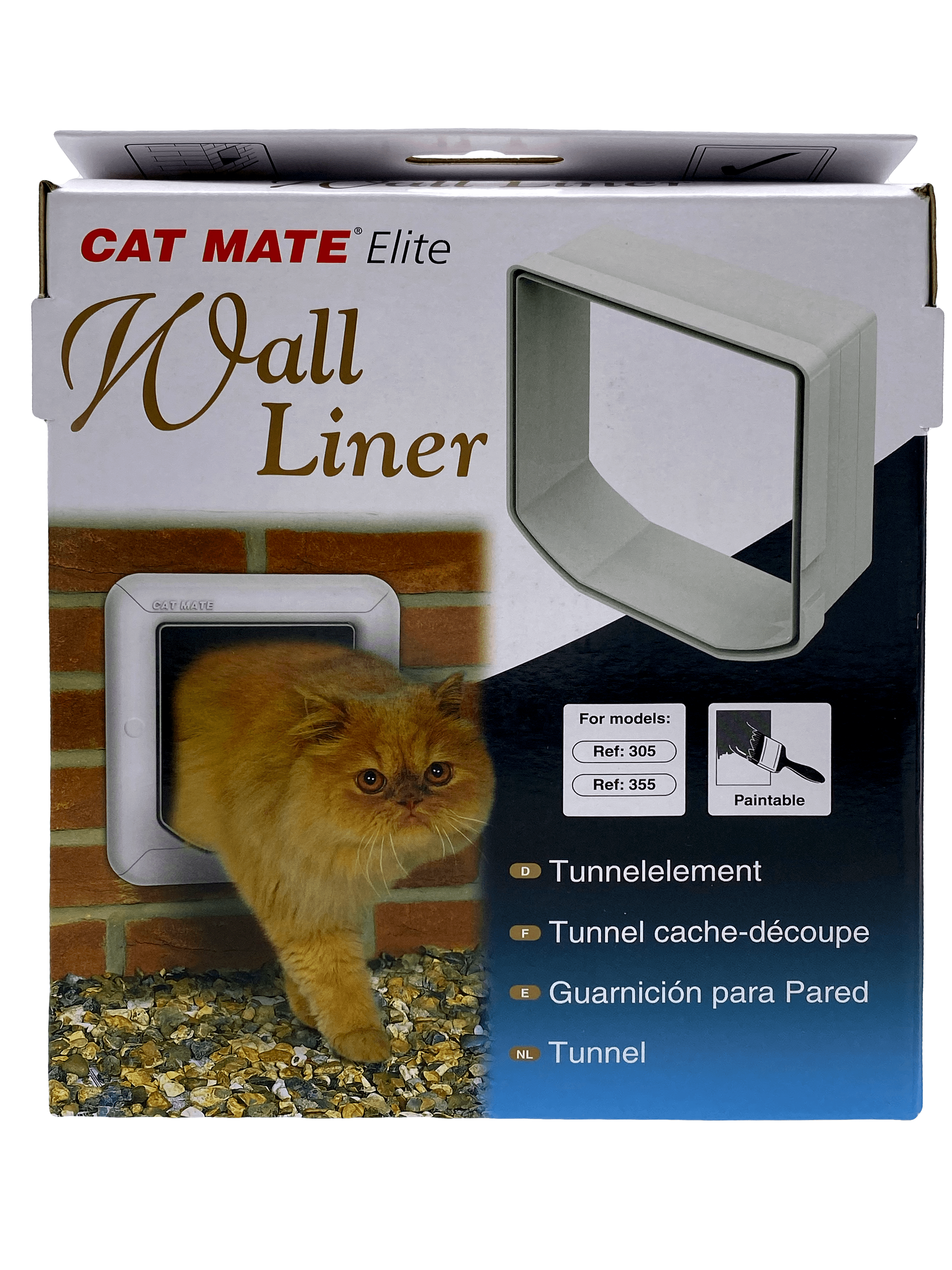 Product packaging for the 'CAT MATE Elite Wall Liner.' The box features an image of a wall liner piece and a photo of a fluffy orange cat exiting through a cat flap installed in a brick wall. Text indicates compatibility with models Ref: 305 and Ref: 355, and the liner is labelled as paintable. The product name is written in multiple languages: 'Tunnelelement' (DE), 'Tunnel cache-découpe' (FR), 'Guarnición para Pared' (ES), and 'Tunnel' (NL)