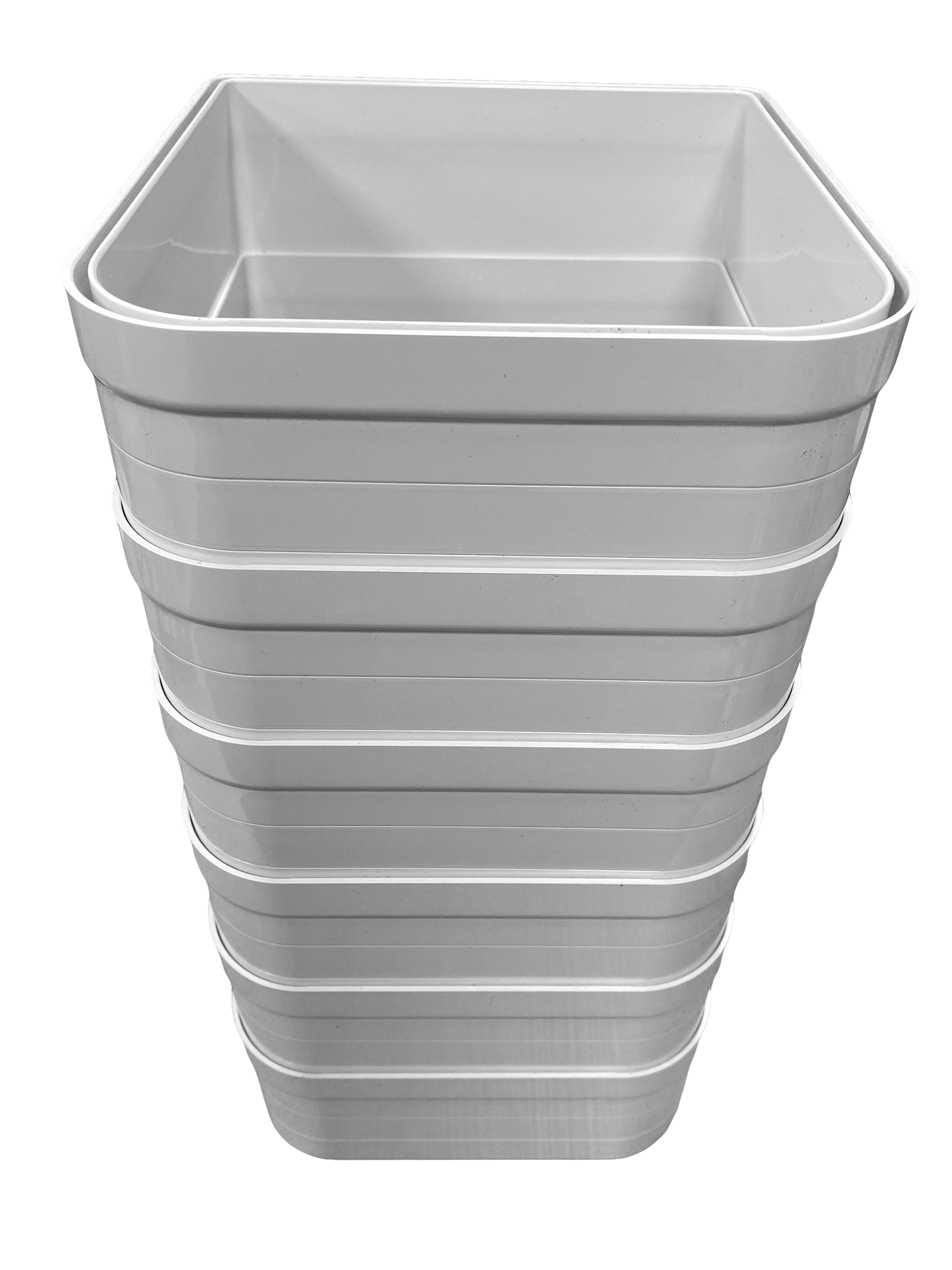 A stack of six white wall liners for cat flaps on a clear background 