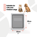 Infographic showing a white pet door suitable for cats and medium dogs. At the top are images of a cat and a medium-sized dog. The pet door is shown below with dimensions labelled: 28 cm (11 inches) in height and 22 cm (9 inches) in width. A red ruler icon and bold text highlight the message: 'Suitable for cats and medium dogs' on a white and grey background 