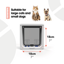 Infographic showing a square pet door with dimensions labelled as 18 cm (7 inches) wide and 18 cm (7 inches) high. Above the door, there is a large cat and a small dog, with the text 'Suitable for large cats and small dogs' next to a red ruler icon. The pet door has a white frame and a transparent flap with locking symbols visible near the bottom on a white background 