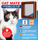 Packaging for the Cat Mate Lockable Cat Flap, featuring a close-up of a calico cat on the left and a brown cat flap with a clear flap door on the right. The flap includes a 2-way locking mechanism and fits doors up to 50mm (2”) thick. Features listed include secure locks, an unbreakable flap, weather-proofing, and draft-proofing. A '3 Year Guarantee' badge is shown, along with multilingual descriptions of the product in German, French, Spanish, and Dutch.