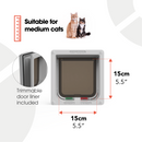 Infographic displaying a Cat Mate flap door suitable for medium cats. The flap door is square-shaped with dimensions labeled as 15 cm by 15 cm (5.5 inches by 5.5 inches). Two cats are shown at the top to illustrate appropriate pet size. A close-up inset on the left highlights the trimmable door liner feature. Below the flap are labeled locking switches in green and red for 'OUT ONLY' and 'IN ONLY' settings. Text reads: 'Suitable for medium cats' and 'Trimmable door liner included' on a white background 