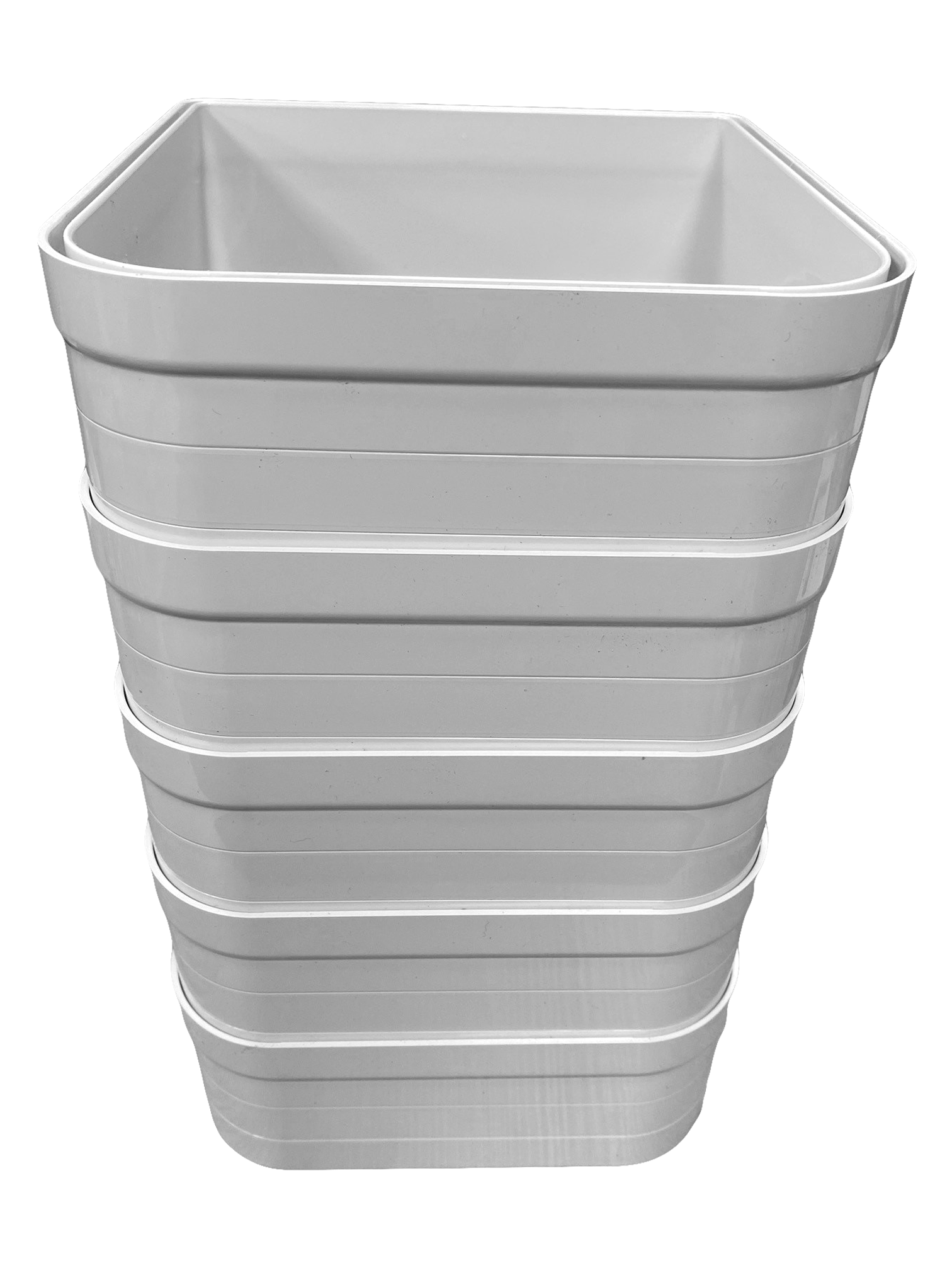 A stack of five white wall liners for cat flaps on a clear background 