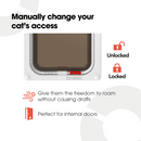 Infographic showing a manual cat flap with locking mechanism. The top text reads 'Manually change your cat’s access.' The cat flap is shown with red sliding locks at the bottom, with icons indicating two states: an open padlock labelled 'Unlocked' and a closed padlock labelled 'Locked.' Below, two features are highlighted with icons: a wind icon with the text 'Give them the freedom to roam without causing drafts' and a door icon with the text 'Perfect for internal doors.'