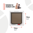 Image on a white background showing a square cat flap labelled 'CAT MATE,' suitable for medium cats. At the top, there's a ruler icon and the text 'Suitable for medium cats' next to two cats sitting side by side. The cat flap is measured with red arrows indicating both height and width as 15 cm (5.5 inches)
