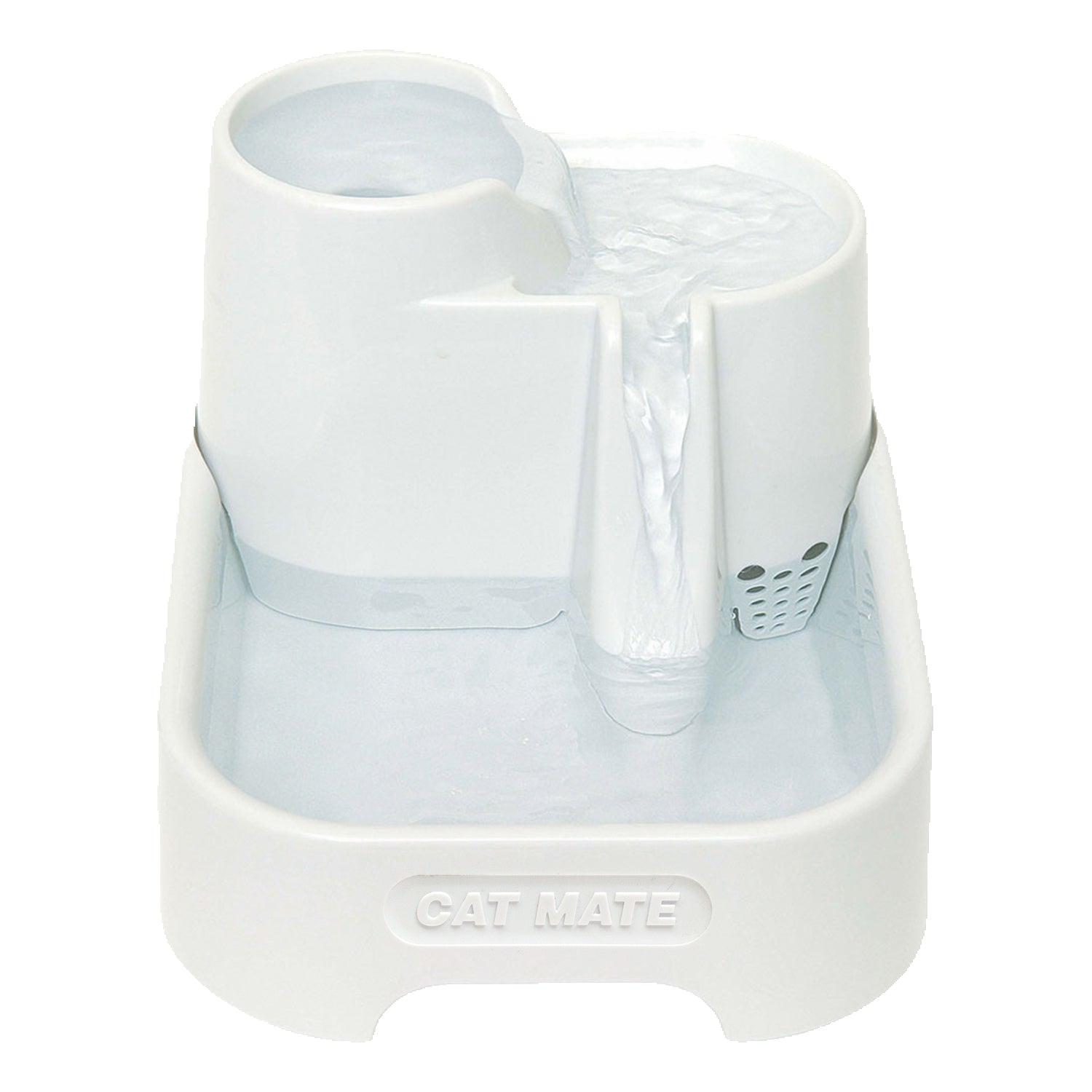 A white Cat Mate three-level pet fountain specifically designed for cats, but is also suitable for small dogs 