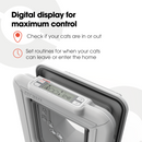 Infographic of a Cat Mate cat flap featuring a built-in digital display. The display shows the time and control buttons. Text on the image highlights the features: 'Digital display for maximum control,' 'Check if your cats are in or out,' and 'Set routines for when your cats can leave or enter the home' on a white background.
