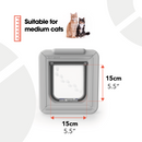 Infographic showing a Cat Mate cat flap designed for medium-sized cats. The flap is square-shaped and has a transparent door with paw print designs. Red measurement lines indicate the flap dimensions: 15cm (5.5 inches) in height and width. Text at the top left reads 'Suitable for medium cats,' with an icon of a ruler and an image of two cats—one ginger and one calico —next to the text.