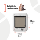 Infographic showing a  showing a square pet door with dimensions labelled as 15 cm (5.5 inches) wide and 15 cm (5.5 inches) high. Text at the top reads: 'Suitable for medium cats.' An orange ruler icon appears beside the text, and two medium-sized cats are pictured above the pet door.