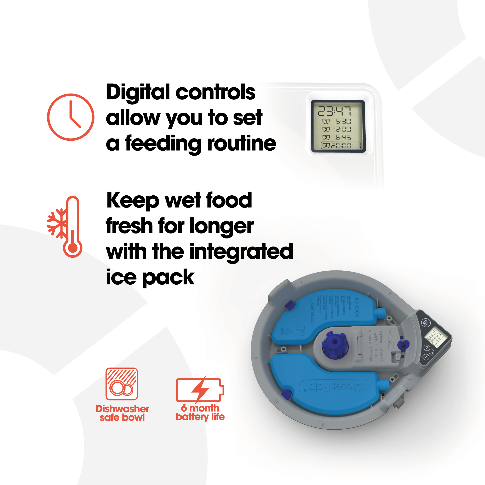 Infographic showing the benefits of the five meal automatic pet feeder 'Digital controls allow you to set a feeding routine' with a clock icon, and 'Keep wet food fresh for longer with the integrated ice pack' with a thermometer and snowflake icon. The feeder is shown from the bottom, revealing two blue ice packs and a digital timer display. Icons at the bottom indicate 'Dishwasher safe bowl' and '6 month battery life' 