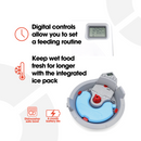 Infographic highlighting various features of a pet feeder with digital controls and an integrated ice pack. Text reads: 'Digital controls allow you to set a feeding routine' with a clock icon, and 'Keep wet food fresh for longer with the integrated ice pack' with a snowflake and thermometer icon. The feeder is shown from the bottom, revealing a blue ice pack labelled 'Closer Pets' and a digital timer display. Icons at the bottom indicate 'Dishwasher safe bowl' and '6 month battery life.'