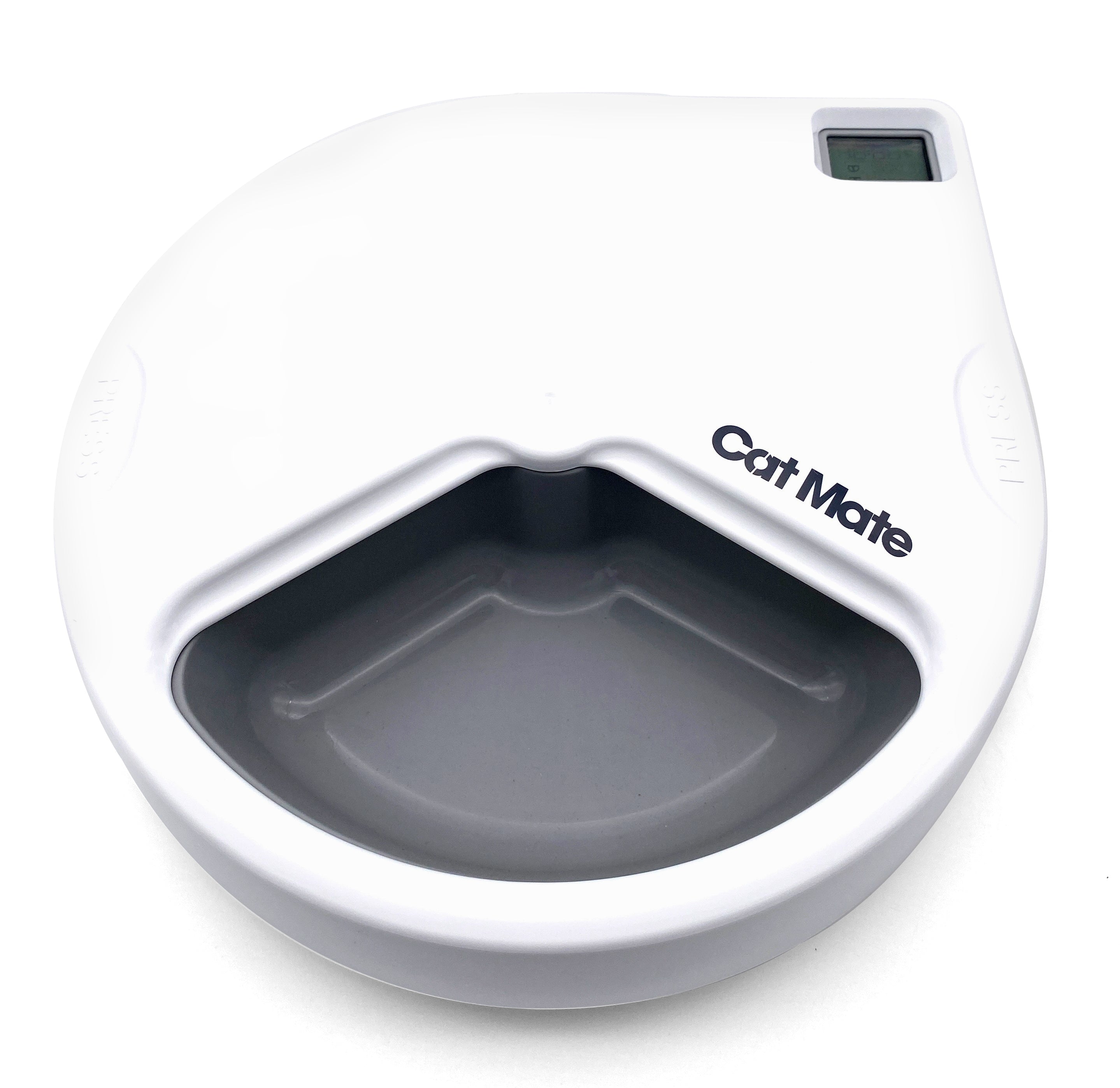 A white pet feeder on a white background displaying an empty grey bowl 