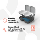 Infographic showing a double-compartment automatic pet feeder with both lids open, revealing two empty white bowls and an integrated blue ice pack underneath. The text highlights features of the feeder: 'Schedule two meals independently' with a clock icon, 'Keep wet food fresh for longer with the integrated ice pack' with a thermometer and snowflake icon, and 'Dishwasher safe bowls' with an icon of two bowls. The product is designed to keep pet food fresh and meals timed separately.