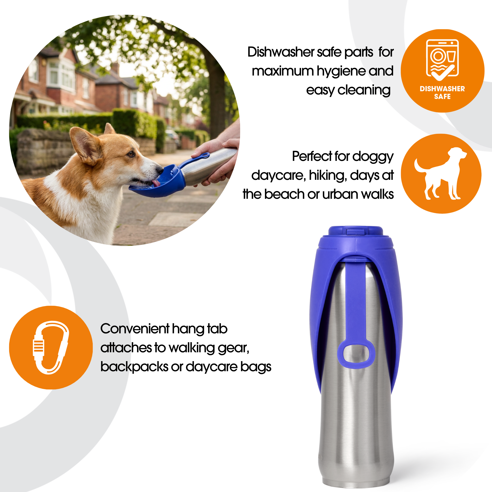 Dog Mate dog travel water bottle with features highlighted on a white background