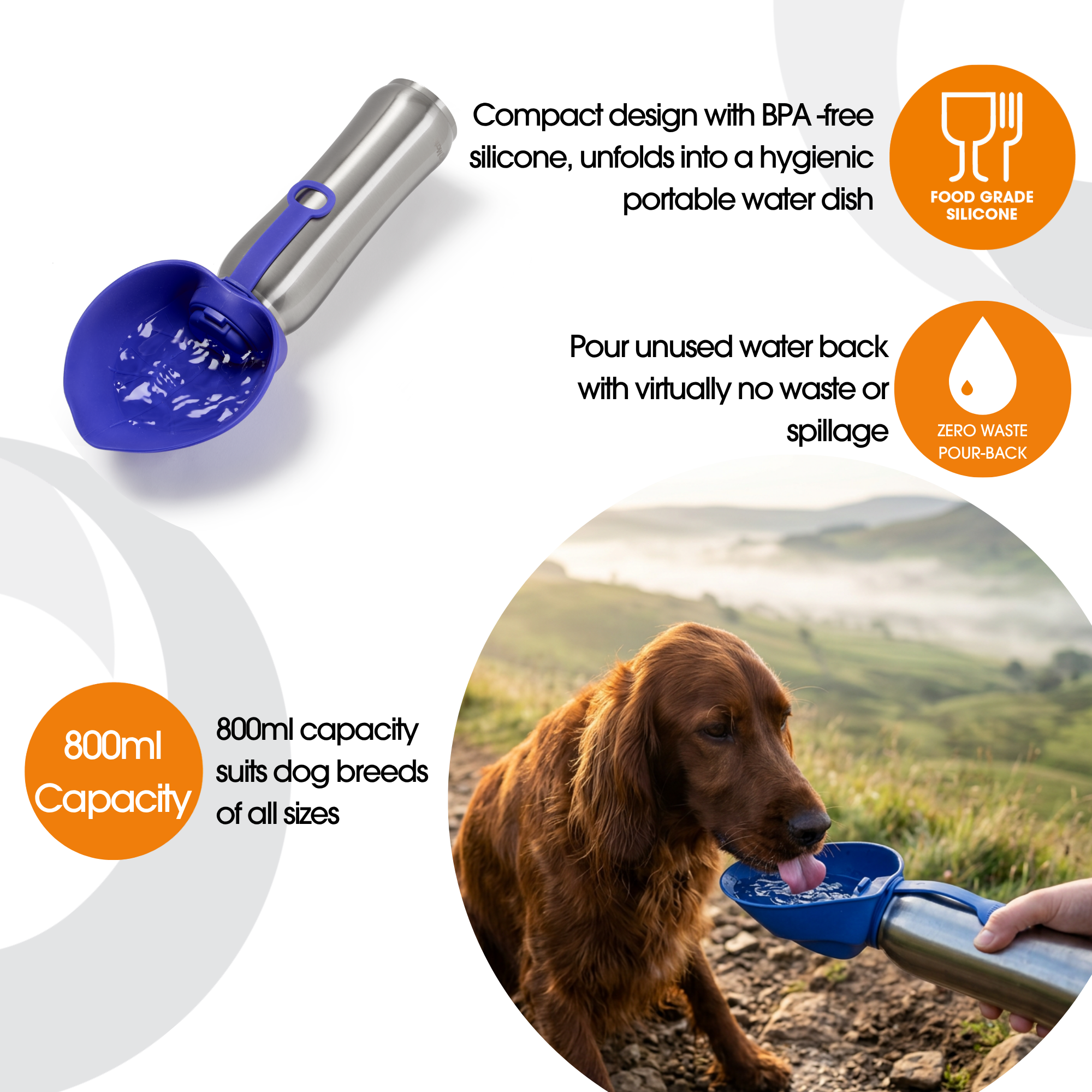 Portable Dog Mate dog water bowl with text highlighting features on a white background