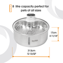 Stainless steel pet water fountain with dimensions and capacity details on a white background