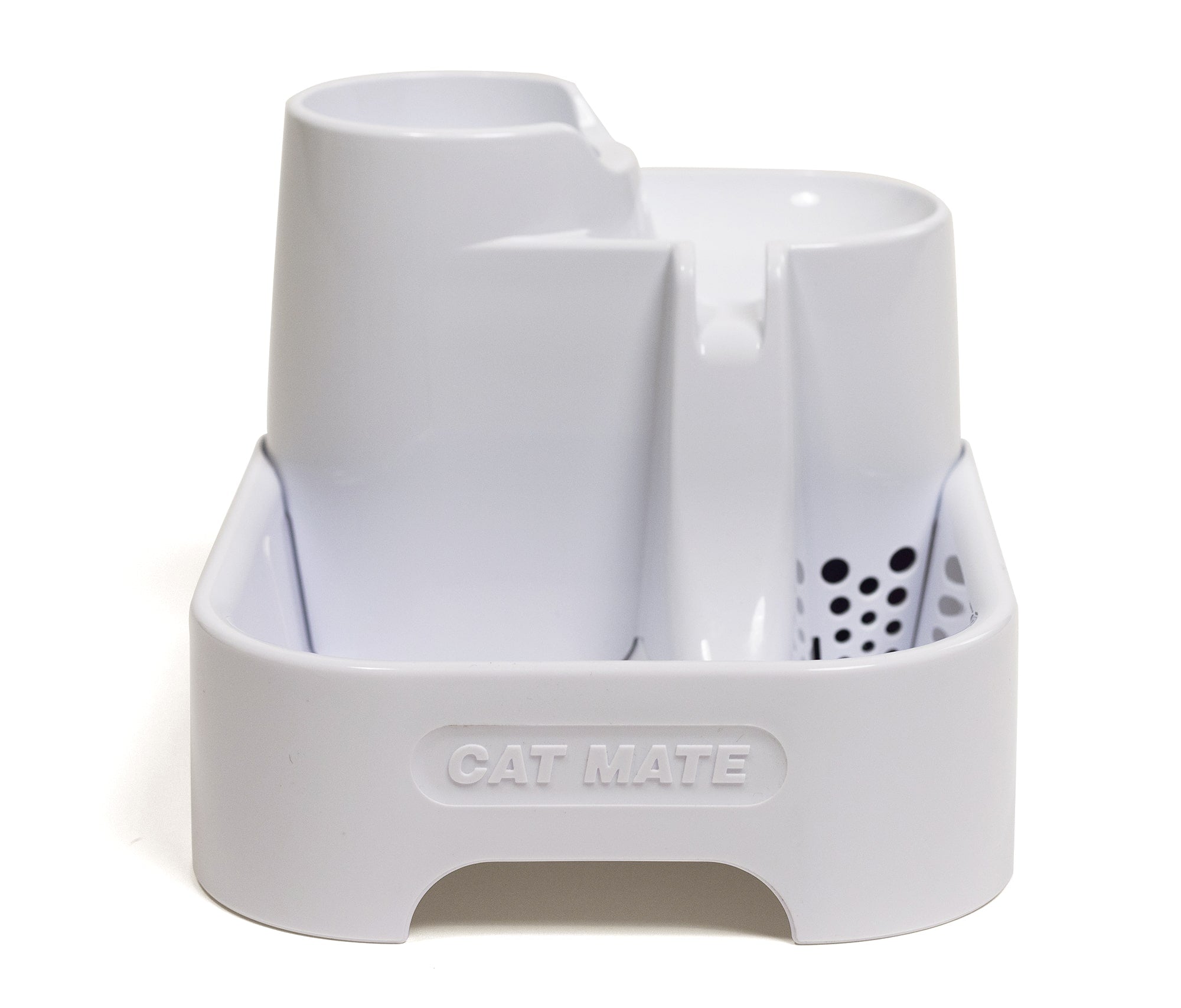 A front view on an empty Cat Mate fountain in white on a white background 