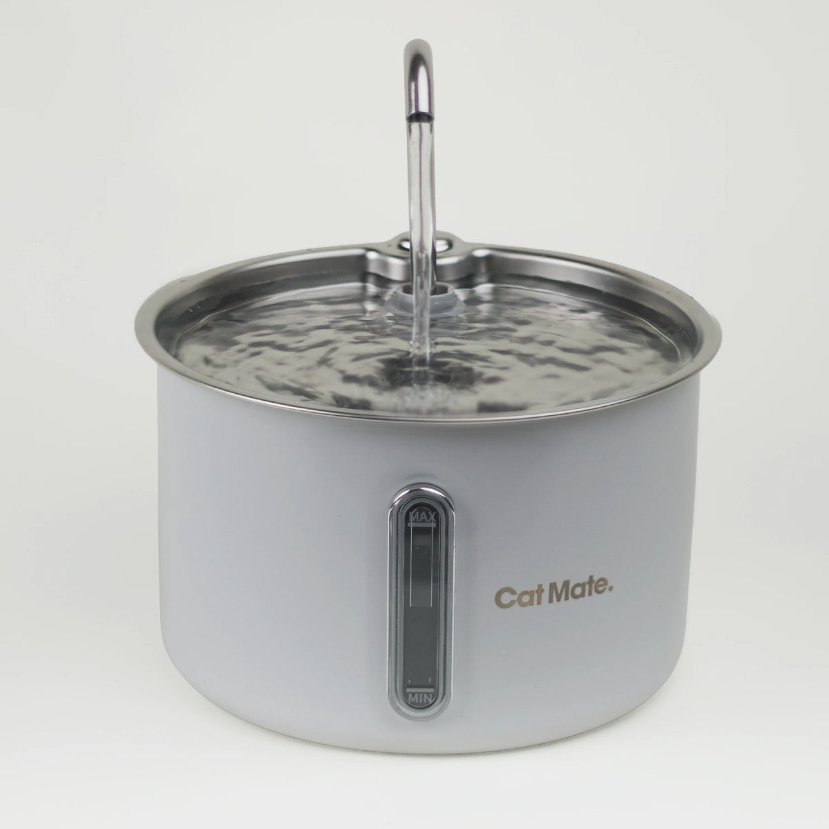 Cat Mate stainless steel pet water fountain in a light grey colourway with a curved spout stream and MIN/MAX water level window, shown on a plain white background as a studio product shot.