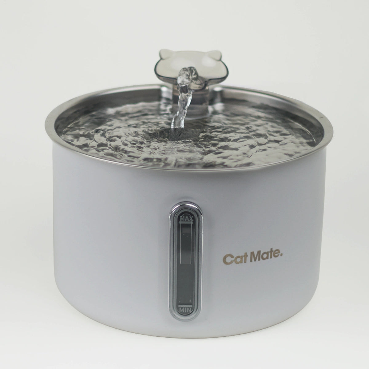 Cat Mate 2.2L stainless steel pet water fountain with an interchangeable cat-shaped spout gently streaming water into to the bowl below and MIN/MAX water level window, shown on a plain white background as a studio product shot.