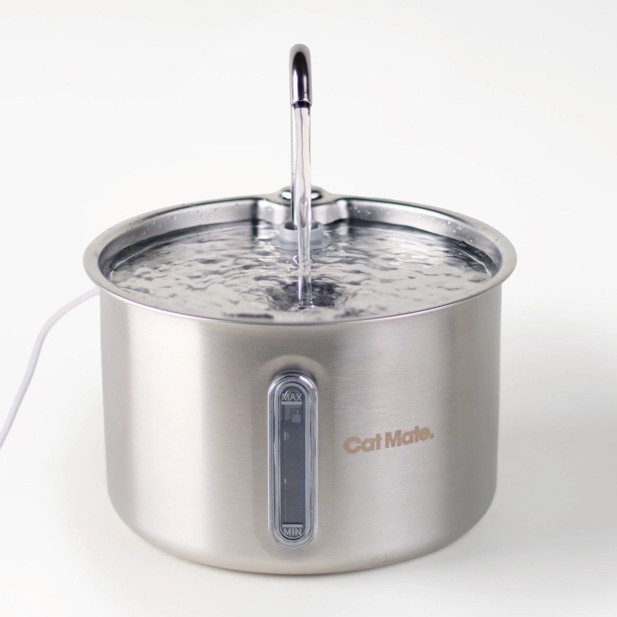 A corded stainless steel pet water fountain with a vertical spout and a visible Cat Mate logo on the front, shown on a clean white background.