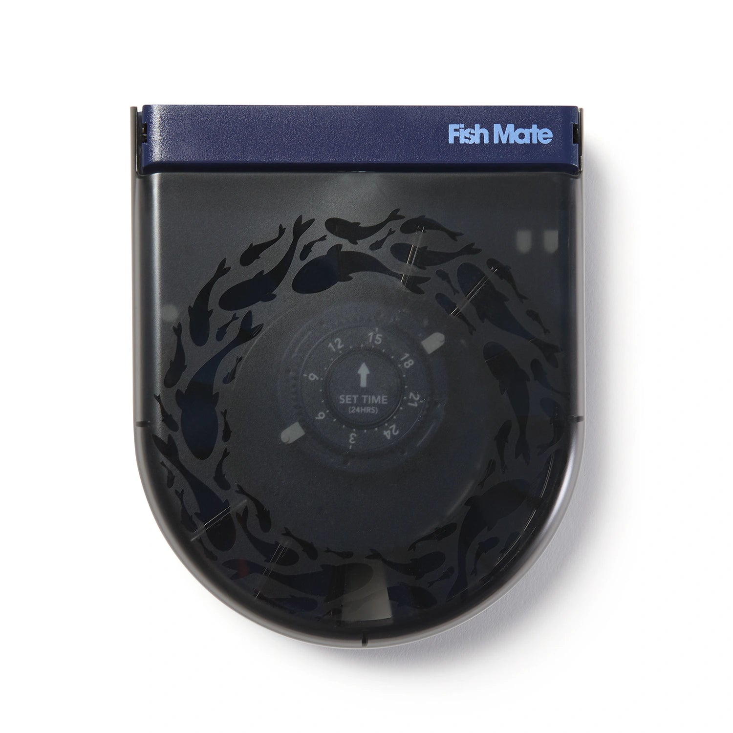 Black automatic fish feeder suitable for use with aquariums with 'Fish Mate' branding on a white background