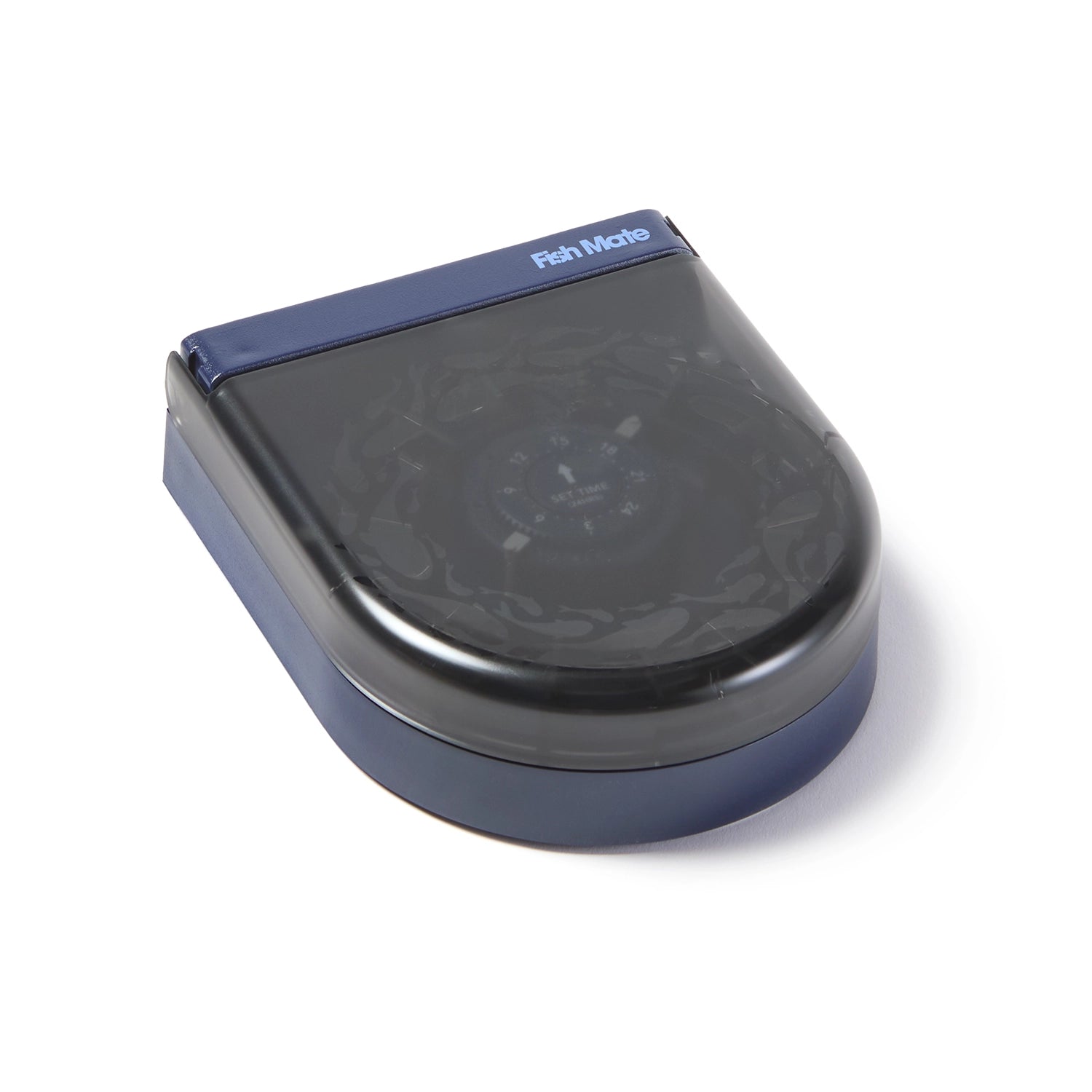 Black and blue automatic food dispenser which is suitable for use with aquariums, with 'Fish Move' branding on a white background