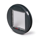 Cat door consisting of a clear flap and grey frame with four-way manual locks on a white background