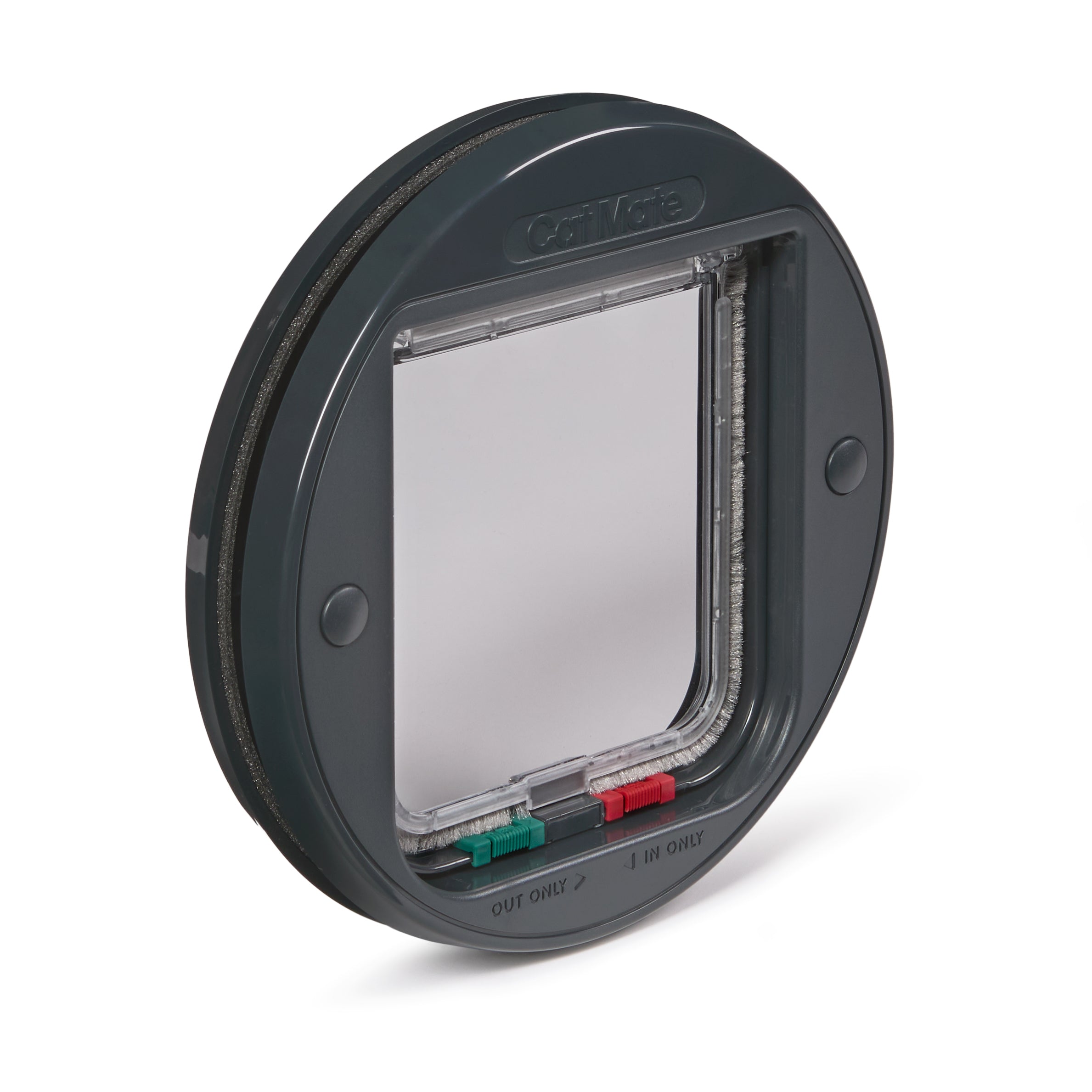 A side-angled view of the grey circular pet door frame which has a rain-proof seal and magnetic closure on a white background 