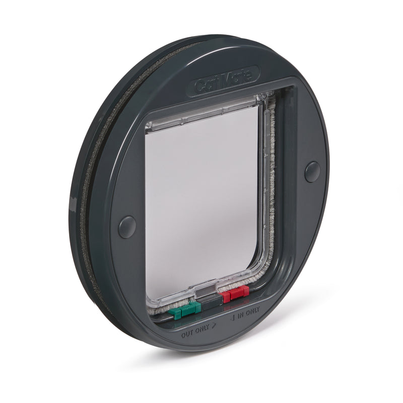 A side-angled view of the grey circular pet door frame which has a rain-proof seal and magnetic closure on a white background 