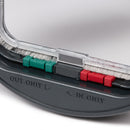 Close-up of the bottom panel of the grey cat flap displaying the red and green manual locks  and 'IN ONLY' and 'OUT ONLY' labels with directional arrows beside them. 