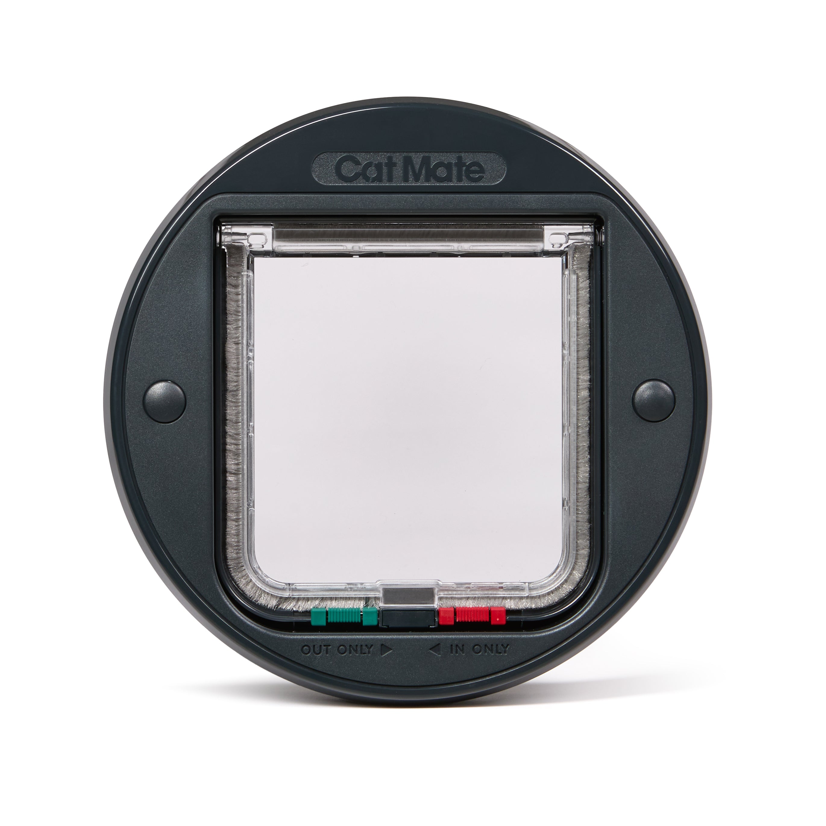 Cat Mate pet door with a grey circular frame which can be installed in to glass or walls and is suitable for average size cats on a white background
